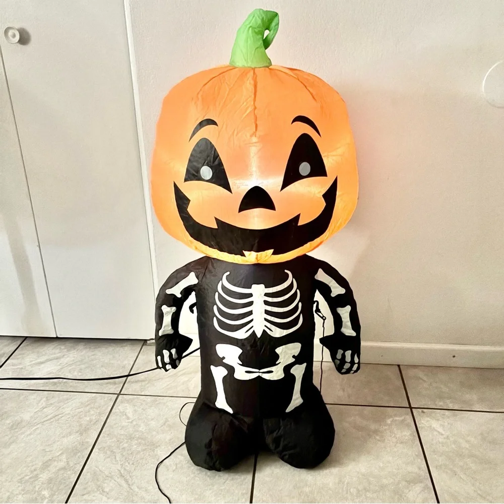 3.5ft. Gemmy Airblown Inflatable Happy Pumpkin Boy Skeleton Halloween Holiday‎